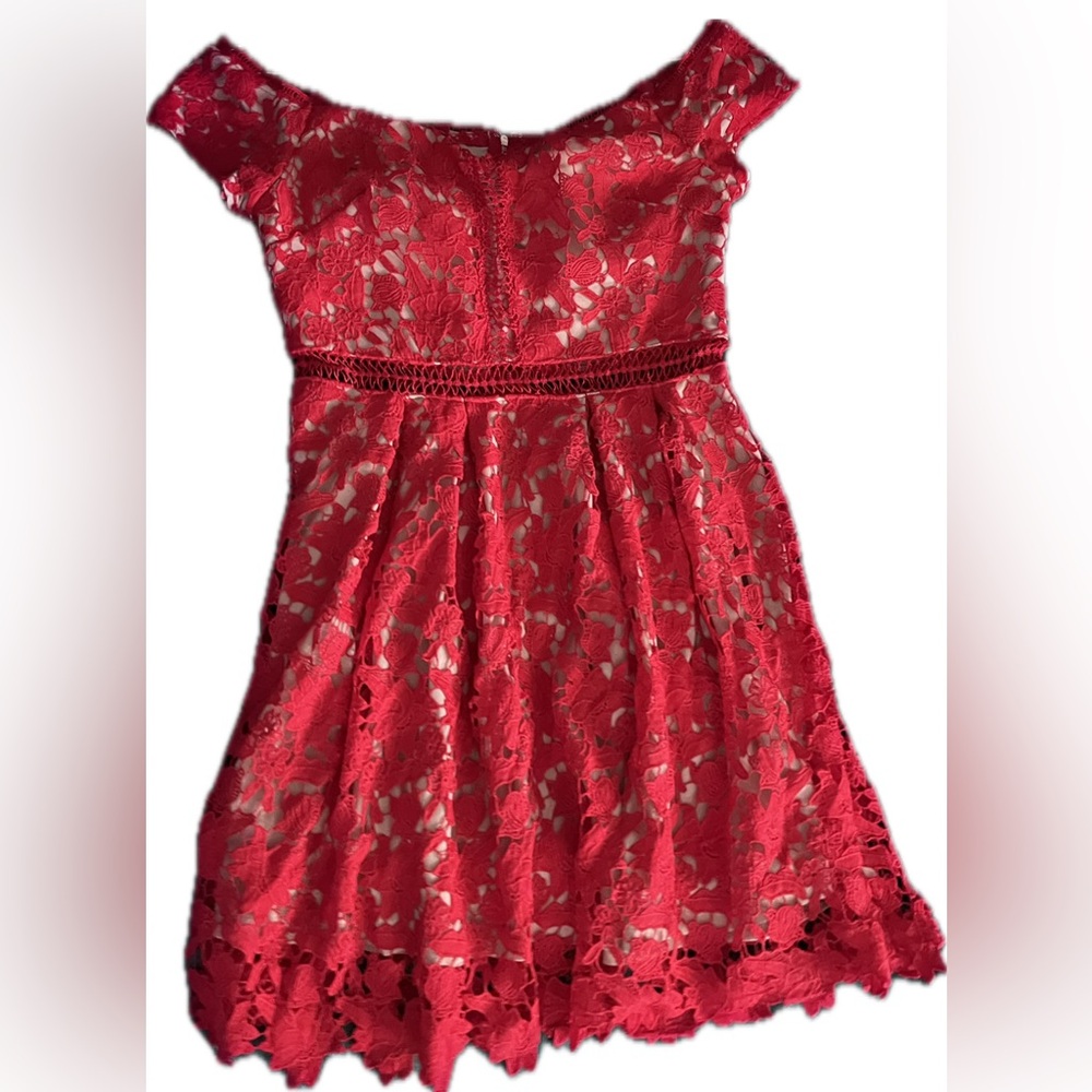 Red Lace Short Dress Off Shoulders Holiday Ready Gold Zipper Francesca’s
